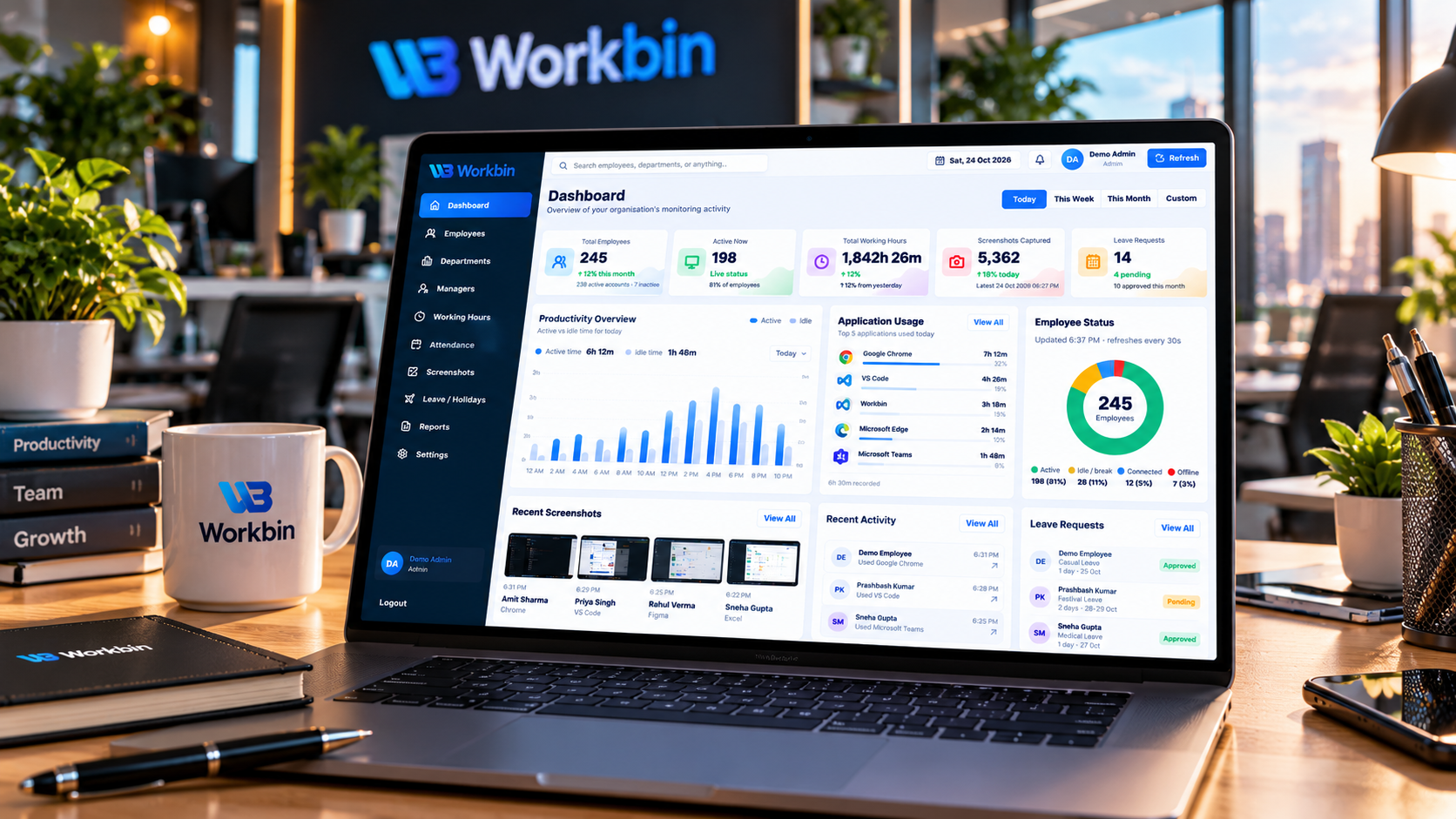 Workbin dashboard on a laptop in a modern office